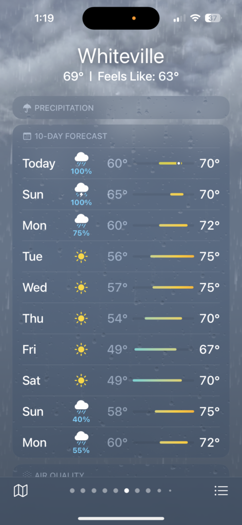 10 Day Forecast for Whiteville showing a mix of sunny and rainy days and temperatures between 67 and 75 degrees Fahrenheit. 