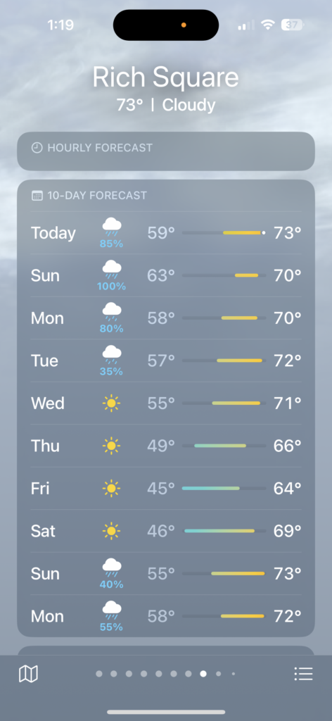 10 Day Forecast for Rich Square showing mostly rainy days and temperatures between 64 and 73 degrees Fahrenheit. 